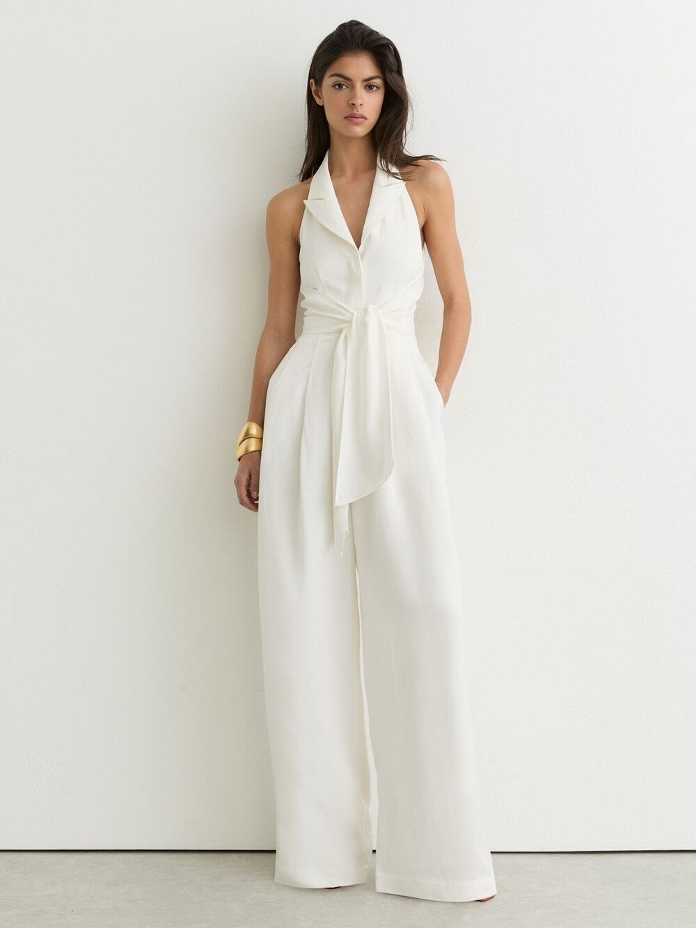 NWT Reiss Taya Tie-Front Wide-Leg Jumpsuit in Ivory Cream US Sz 6